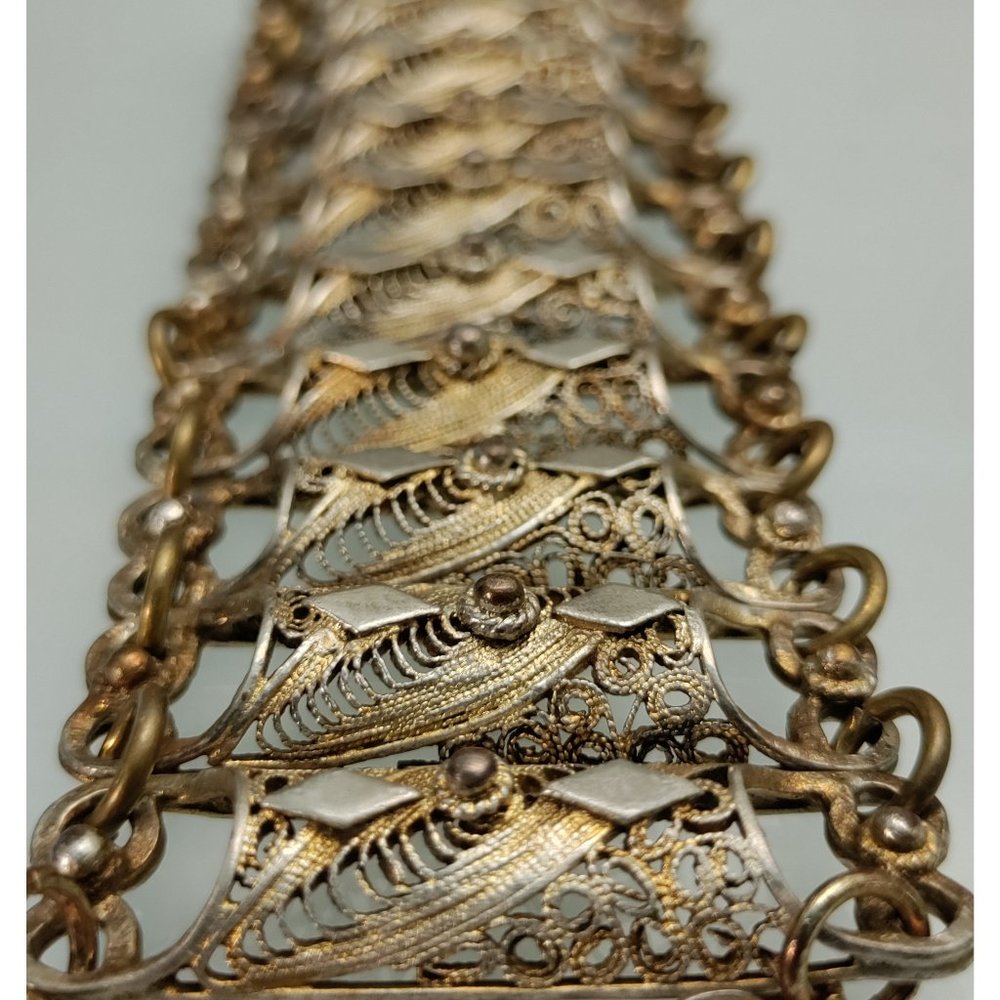 7.25" Vintage Balkan Ottoman Plated Brass Filigree Wide Panel Wedding Bracelet
